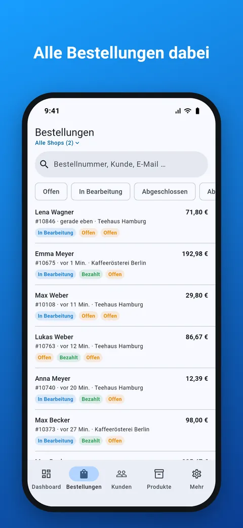 Liste aller Bestellungen mit Such- und Statusfilter