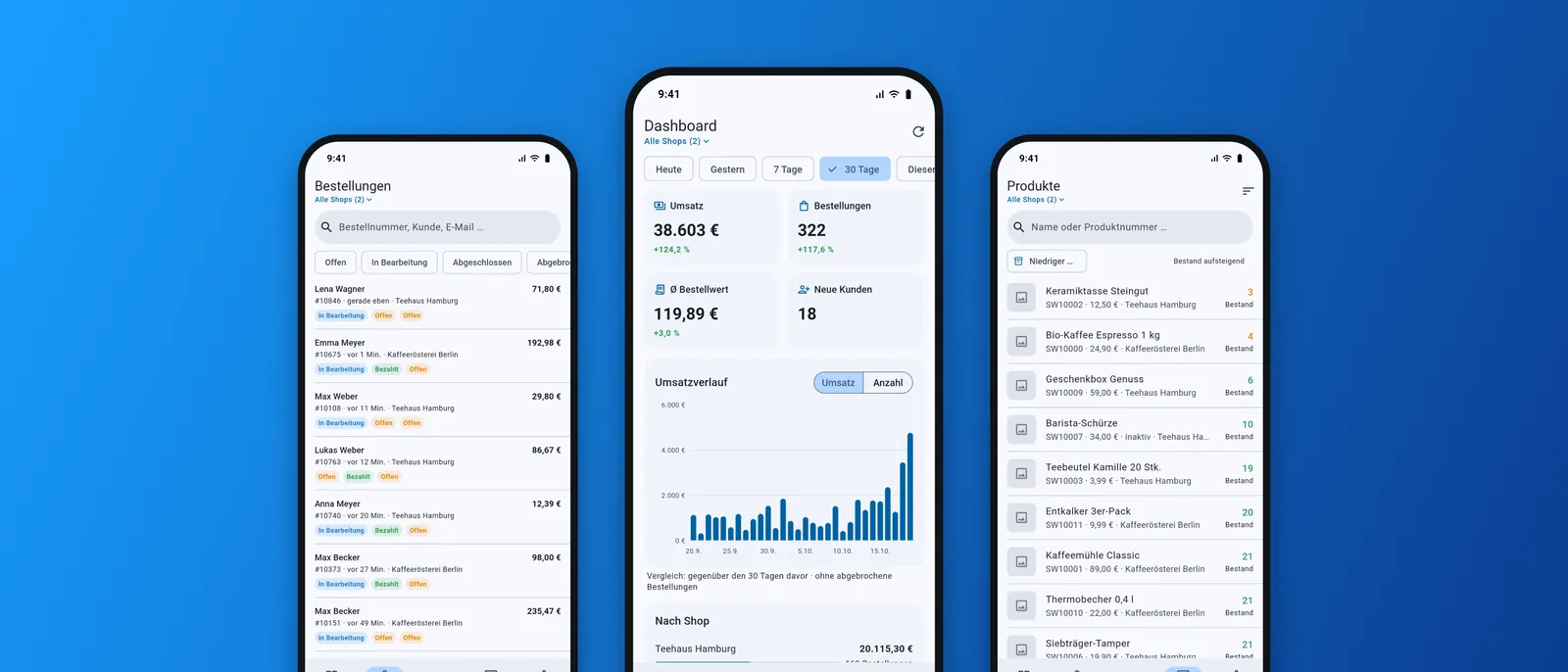 Drei Bildschirme der App: Bestellungen, Dashboard und Produkte